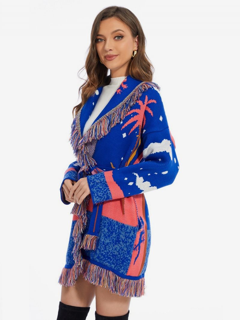 Cardigans Jacquard Pour Femmes Pull Boho Laine Mélangée Avec Bordure À Pampilles Et Nuages - Bleu