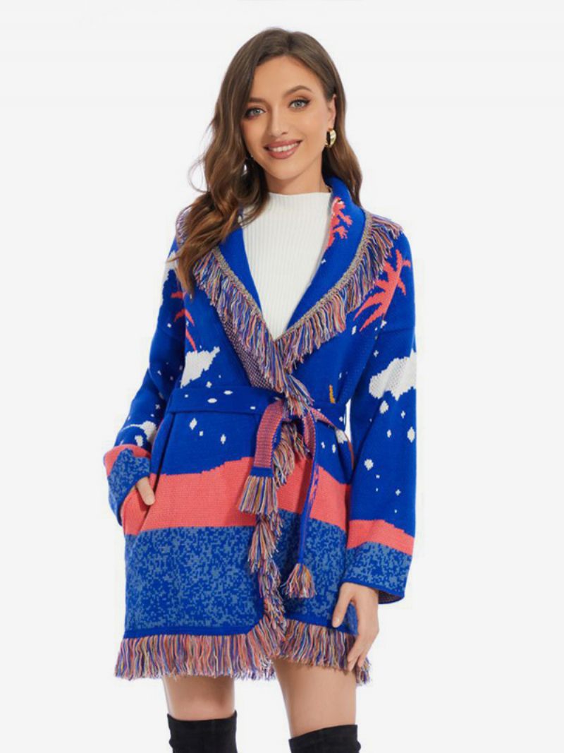 Cardigans Jacquard Pour Femmes Pull Boho Laine Mélangée Avec Bordure À Pampilles Et Nuages - Bleu