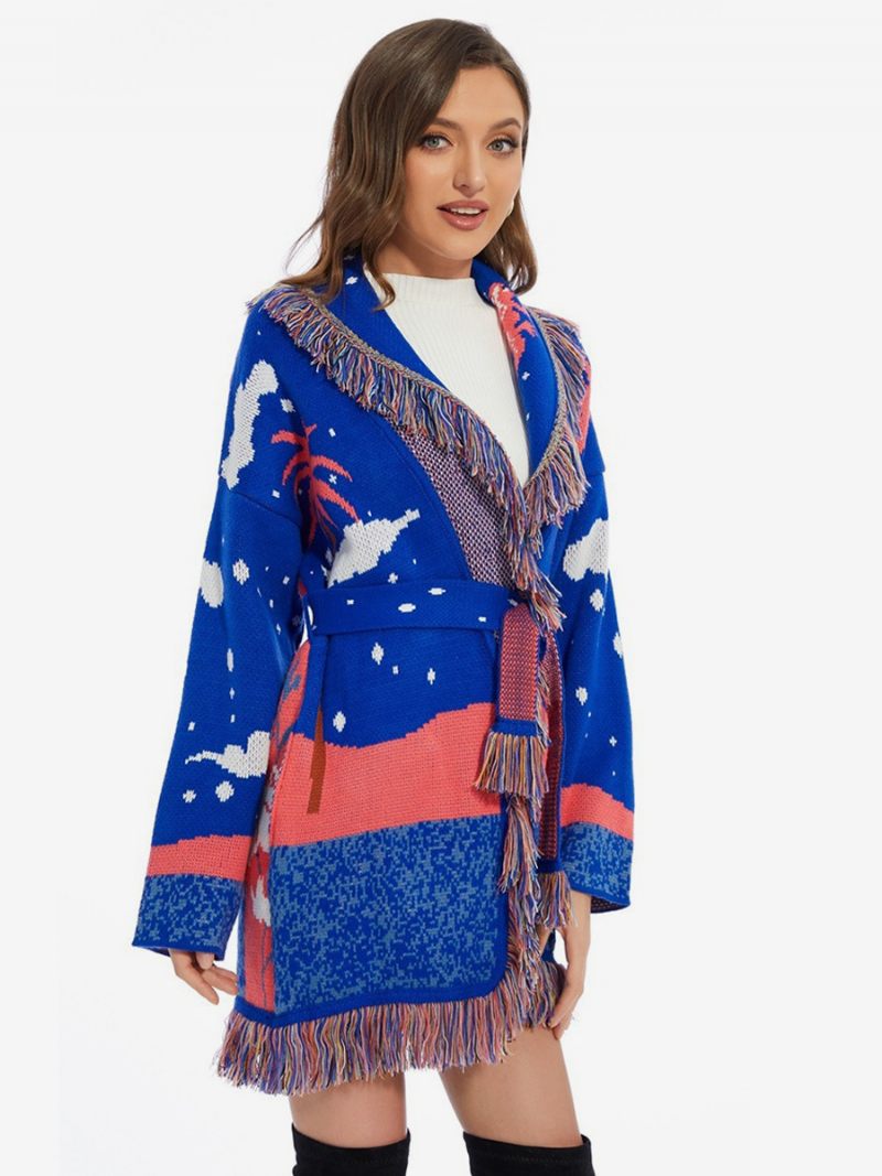 Cardigans Jacquard Pour Femmes Pull Boho Laine Mélangée Avec Bordure À Pampilles Et Nuages - Bleu