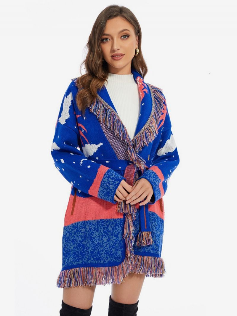 Cardigans Jacquard Pour Femmes Pull Boho Laine Mélangée Avec Bordure À Pampilles Et Nuages - Bleu