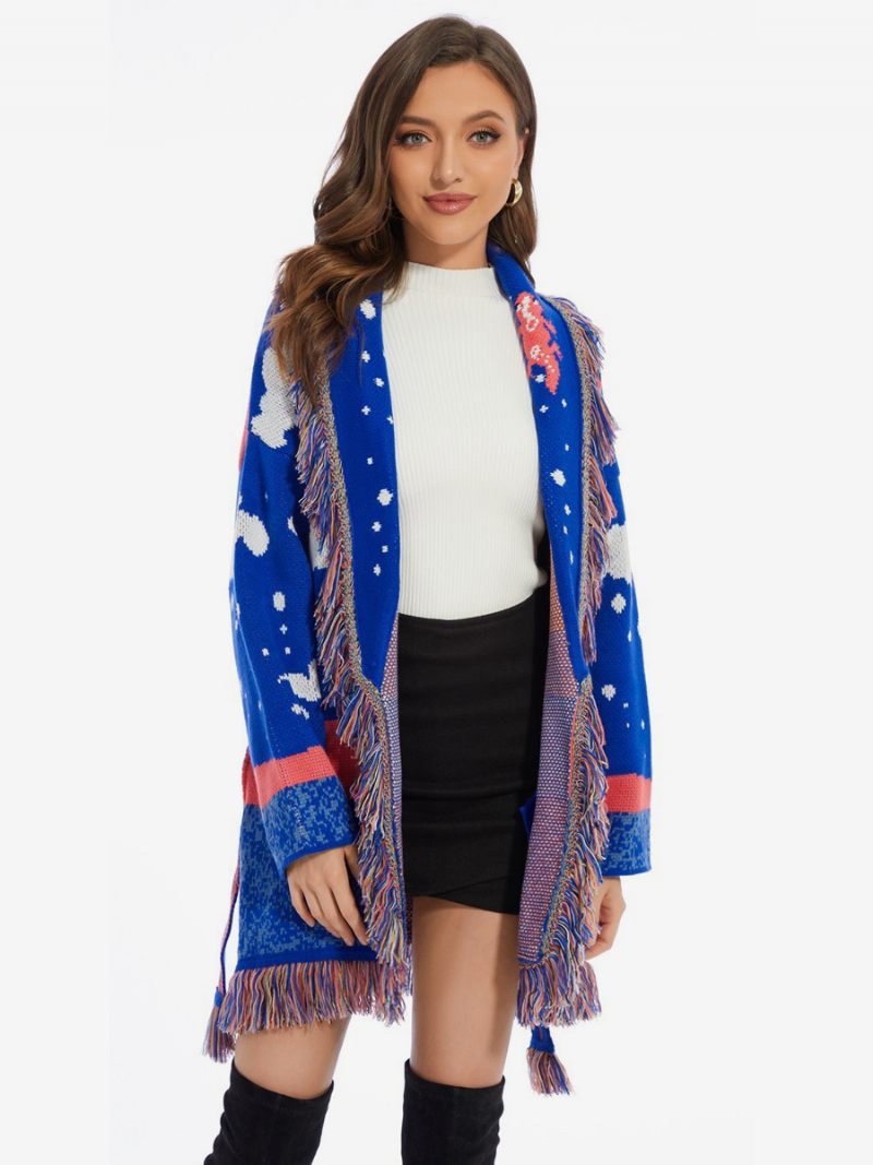 Cardigans Jacquard Pour Femmes Pull Boho Laine Mélangée Avec Bordure À Pampilles Et Nuages - Bleu