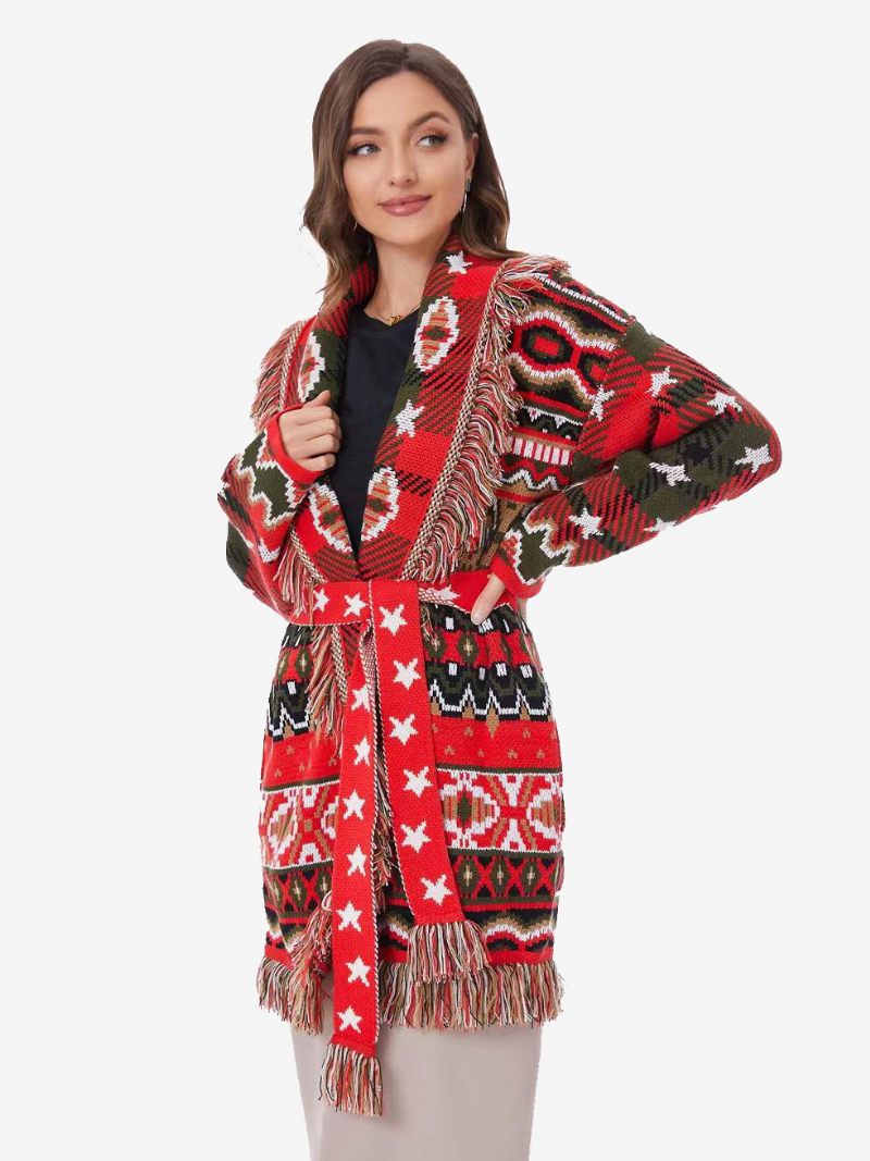 Cardigans Jacquard Rouge Pour Femmes Garniture À Pampilles Géométriques Ceinturé Mélange Laine Pull Boho - Rouge