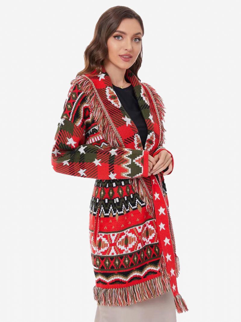 Cardigans Jacquard Rouge Pour Femmes Garniture À Pampilles Géométriques Ceinturé Mélange Laine Pull Boho - Rouge