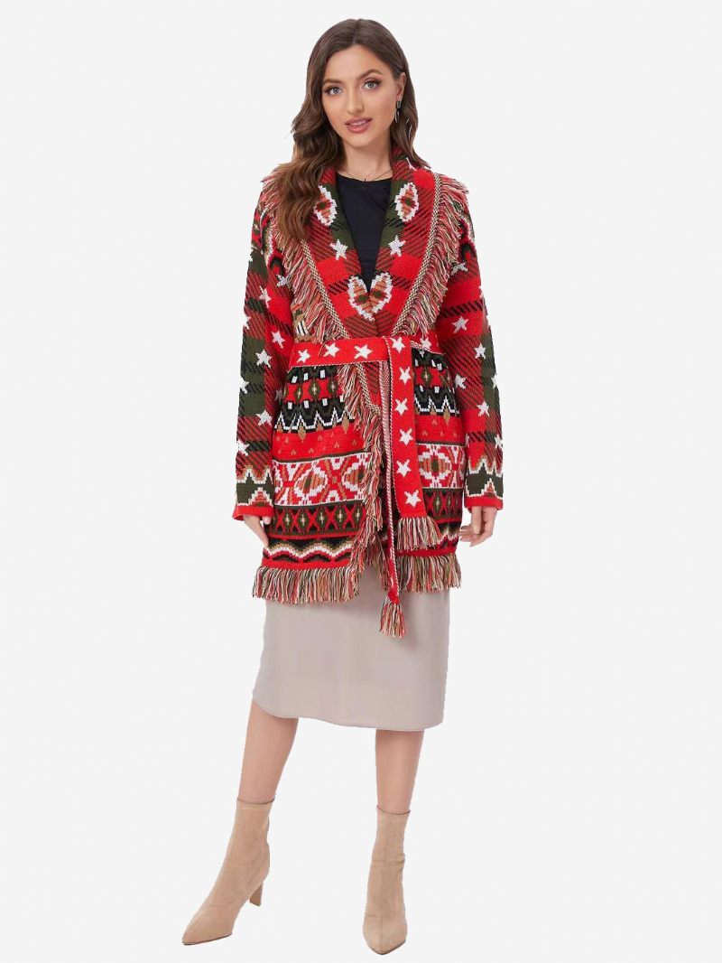 Cardigans Jacquard Rouge Pour Femmes Garniture À Pampilles Géométriques Ceinturé Mélange Laine Pull Boho - Rouge