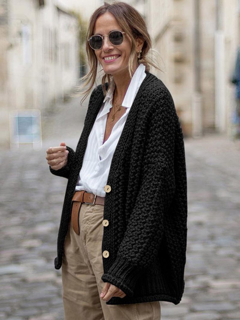 Cardigans Torsadés Pour Femmes Épaules Tombantes Boutons Sur Le Devant Automne Et Printemps - Noir