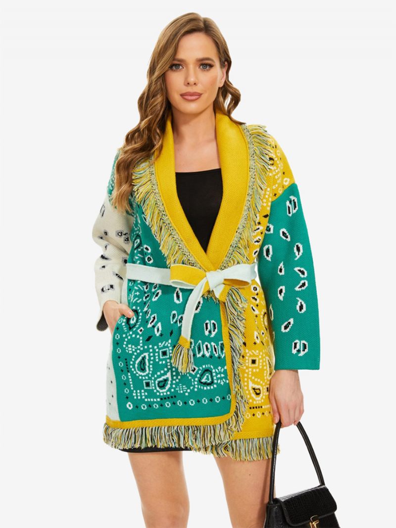 Nouveaux Cardigans Jacquard Pour Femmes Garniture À Pampilles Ceinturé Mélange Laine Pull Boho - Vert