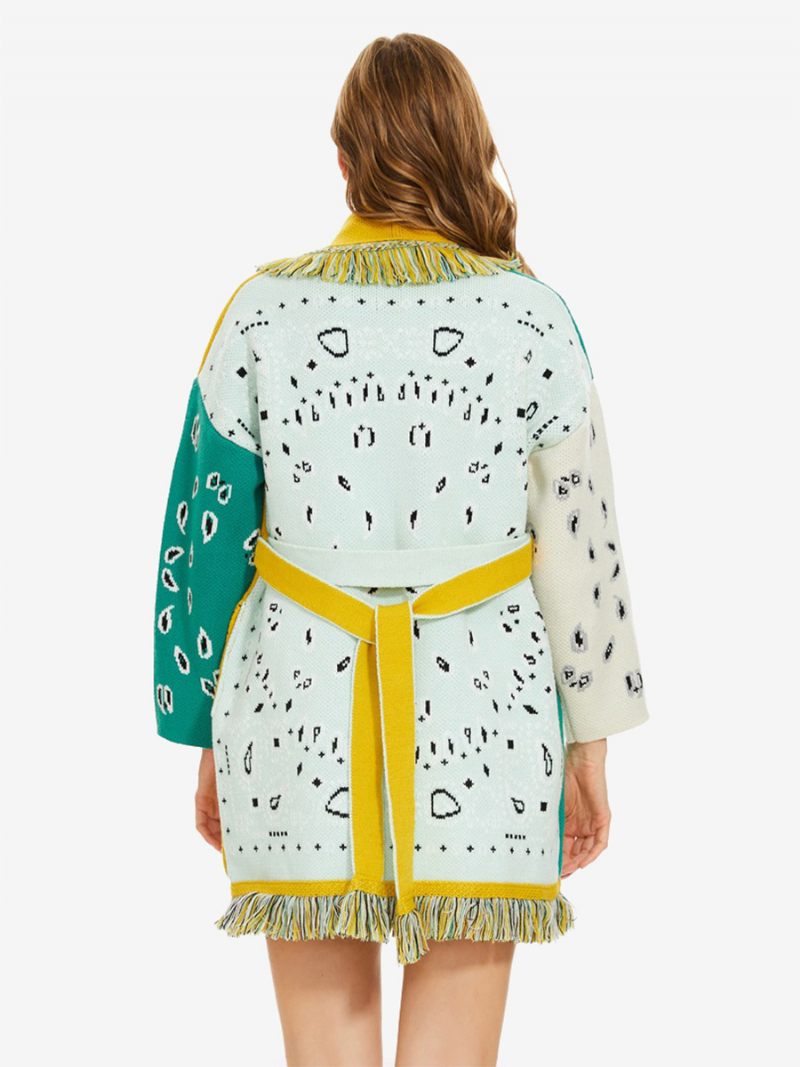 Nouveaux Cardigans Jacquard Pour Femmes Garniture À Pampilles Ceinturé Mélange Laine Pull Boho - Vert