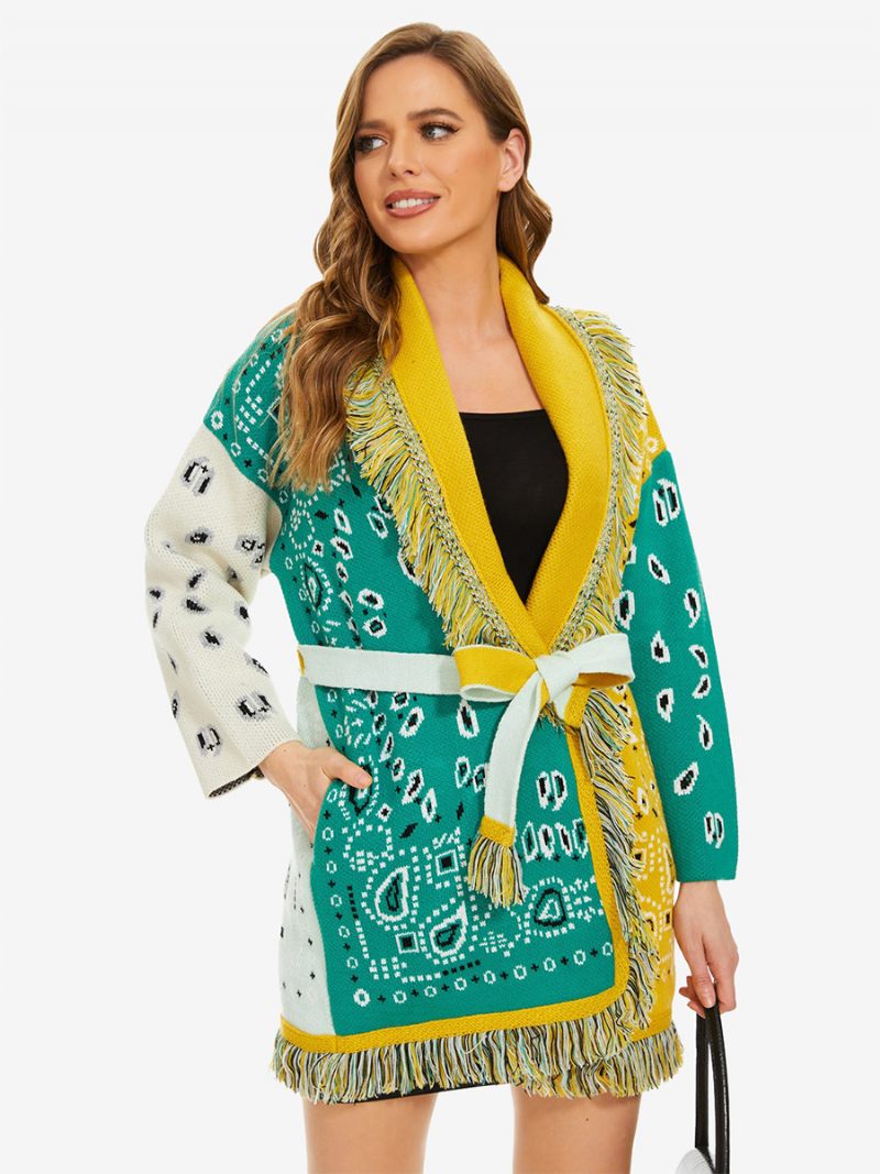 Nouveaux Cardigans Jacquard Pour Femmes Garniture À Pampilles Ceinturé Mélange Laine Pull Boho - Vert