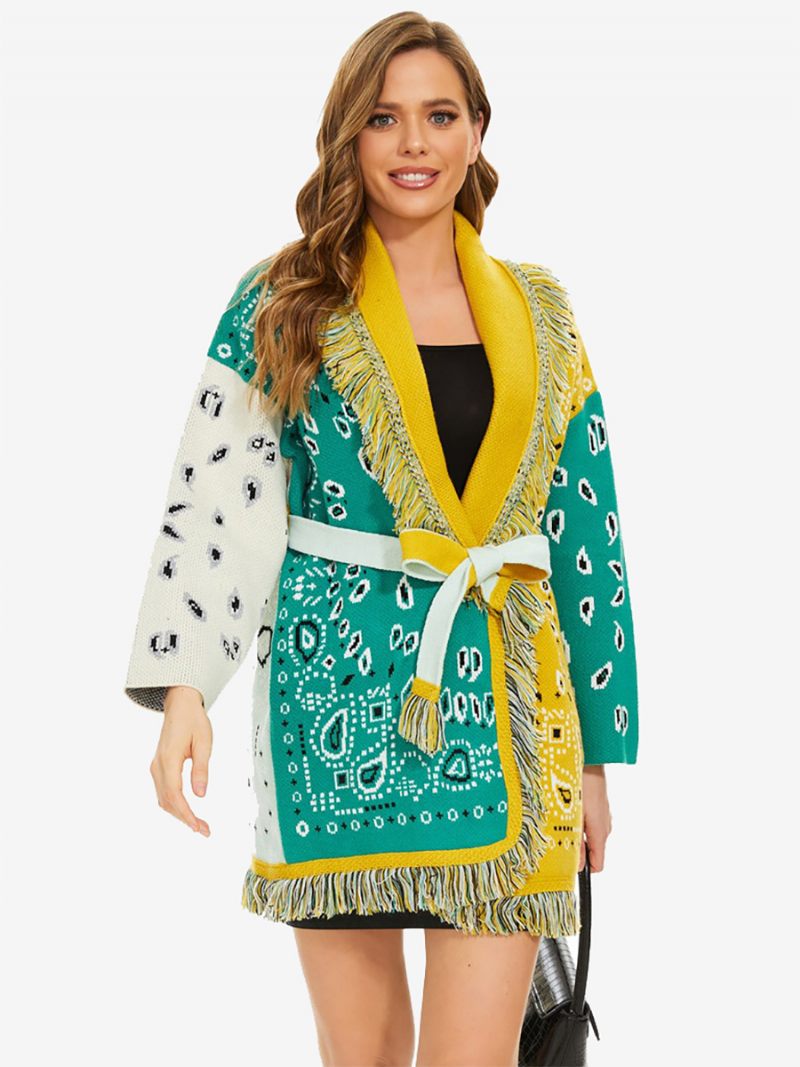 Nouveaux Cardigans Jacquard Pour Femmes Garniture À Pampilles Ceinturé Mélange Laine Pull Boho - Vert