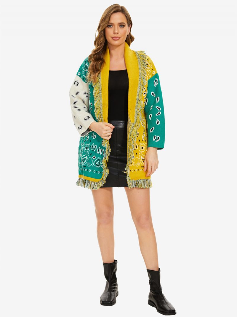 Nouveaux Cardigans Jacquard Pour Femmes Garniture À Pampilles Ceinturé Mélange Laine Pull Boho - Vert