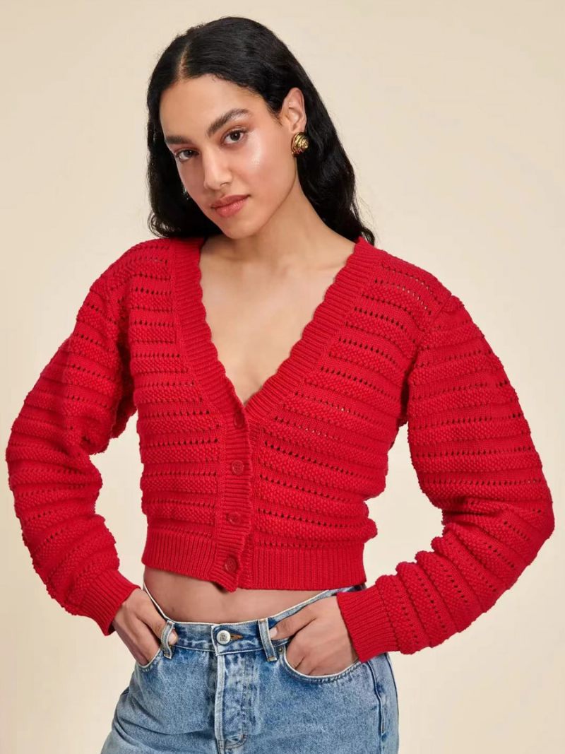 Pull Rouge Col V Manches Longues Hallow Pulls Courts Pour Femmes