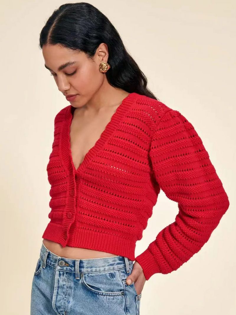 Pull Rouge Col V Manches Longues Hallow Pulls Courts Pour Femmes - Rouge