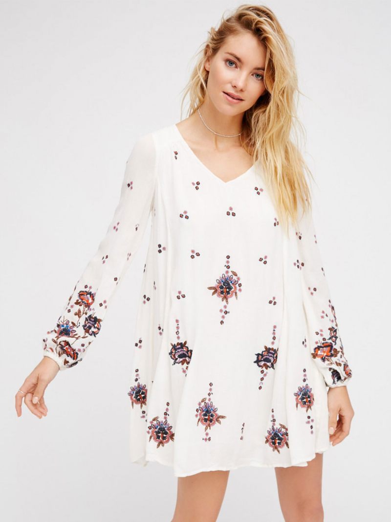 Boho Robe Bijou Cou Manches Longues Brodé Bohème Gitane Plage Vacances Blanc Printemps Été Courte Pour Les Femmes - Blanc