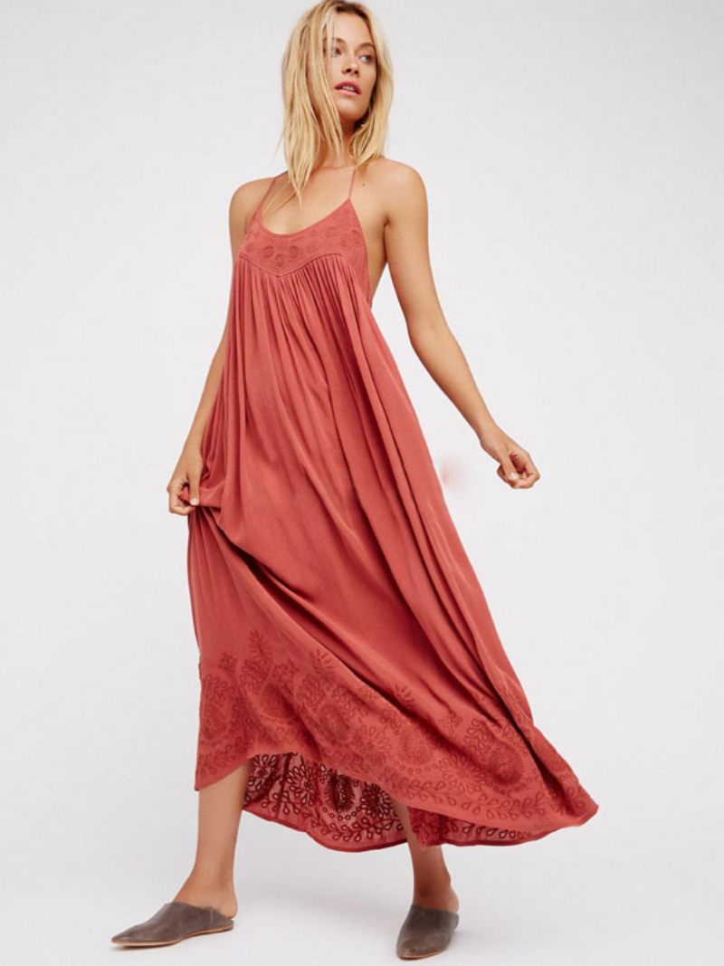 Boho Robe Bretelles Cou Sans Manches Corail Bohème Gitane Plage Vacances Été Longue À Enfiler Pour Les Femmes