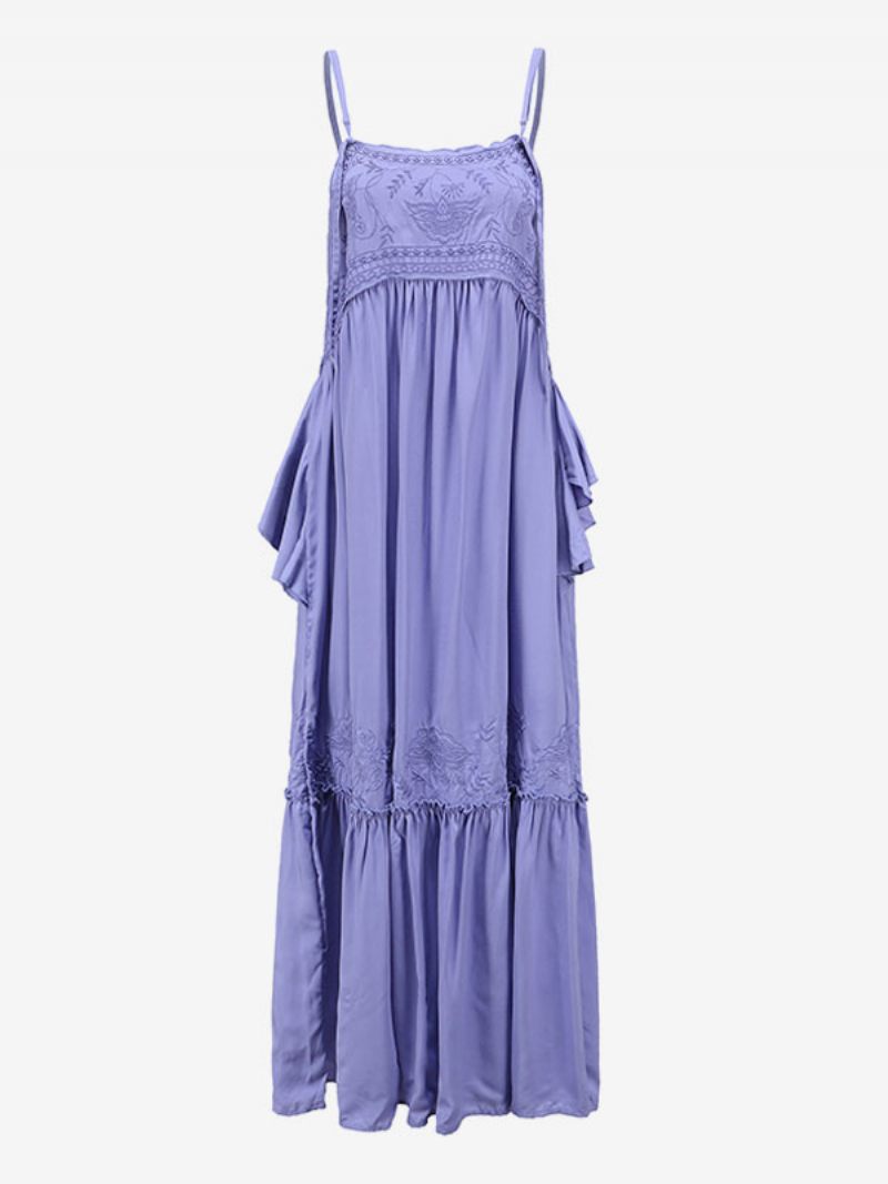 Boho Robe Lilas Brodé Sans Manches Bohème Gitane Plage Vacances Été Longue Couches Pour Les Femmes - Lilas