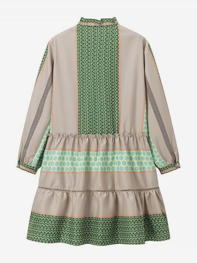 Mini Robe À Fleurs Pour Femmes Imprimé Floral Manches Longues Col V Chic Surdimensionné Volants Sans Couture Ouverte Courte Été - Vert