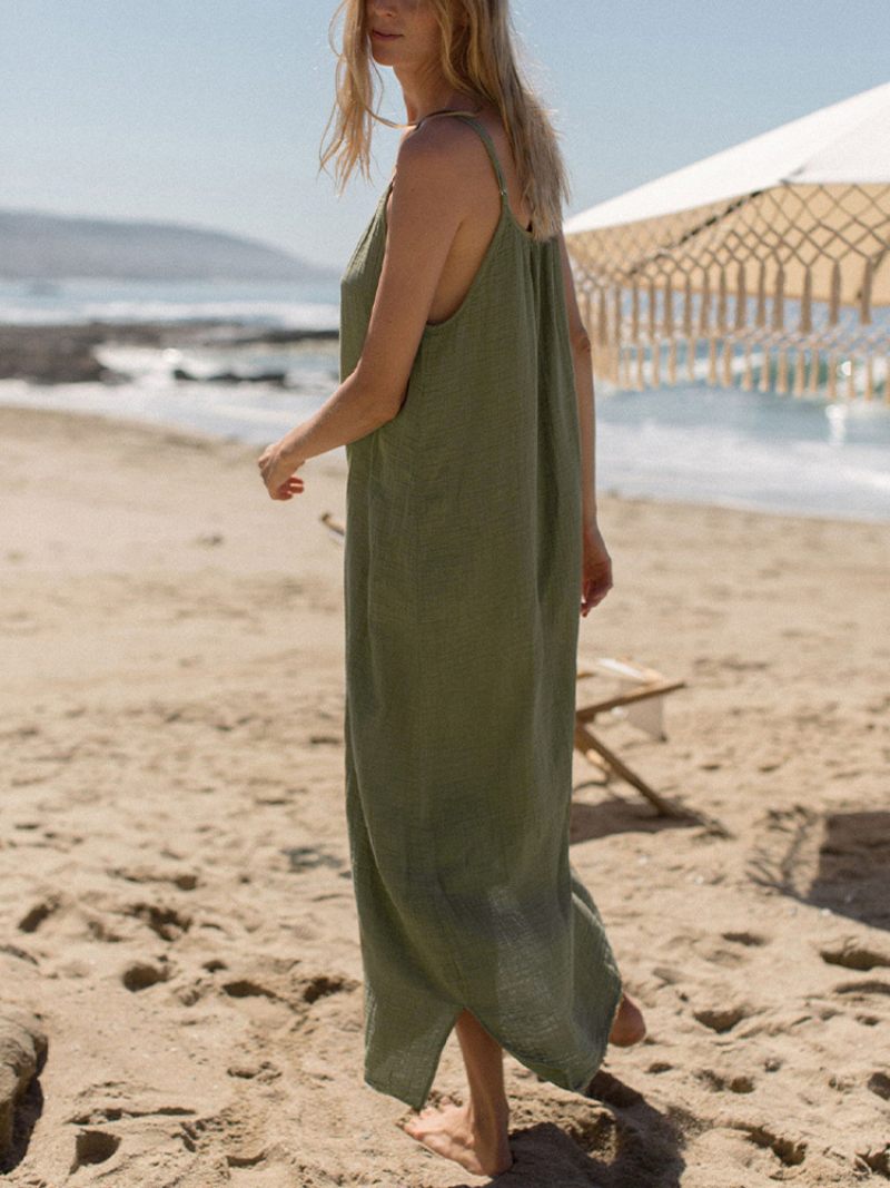 Robe Bohème À Lacets Pour Femmes Col Bijou Sans Manches Plage Surdimensionnée - Olive