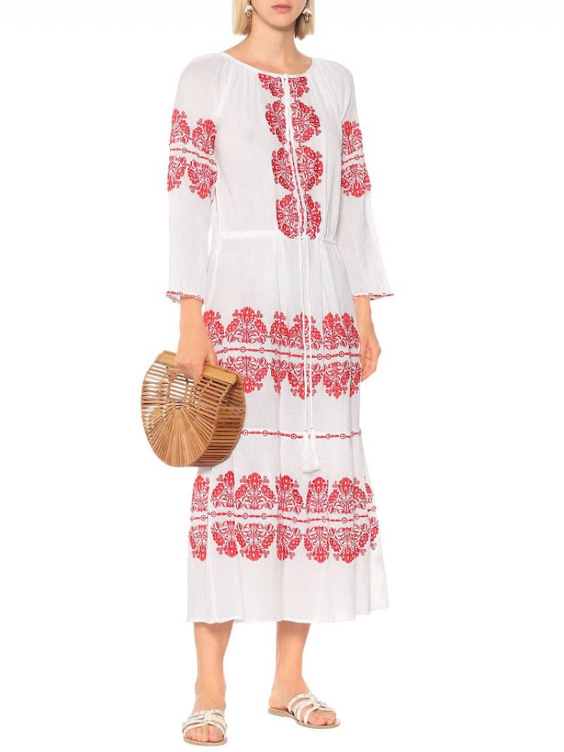 Robe Boho Blanche À Col Rond Manches Longues Style Bohémien Brodée Pour Vacances Printemps Et Automne Longue Plage Femmes - Blanc