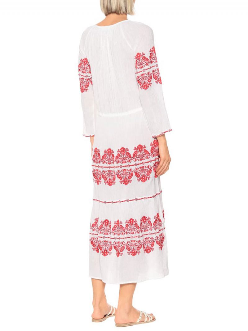 Robe Boho Blanche À Col Rond Manches Longues Style Bohémien Brodée Pour Vacances Printemps Et Automne Longue Plage Femmes - Blanc