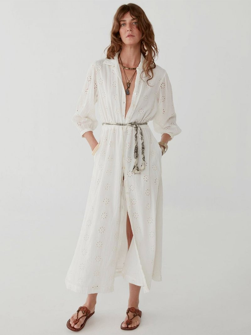 Robe Boho Blanche Élégante Pour Femmes Robes D'été Creuses Avec Ceinture Bas Haut