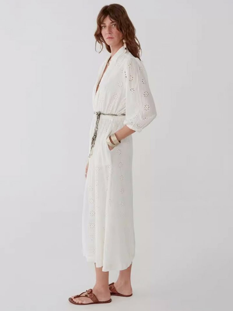 Robe Boho Blanche Élégante Pour Femmes Robes D'été Creuses Avec Ceinture Bas Haut - Beige