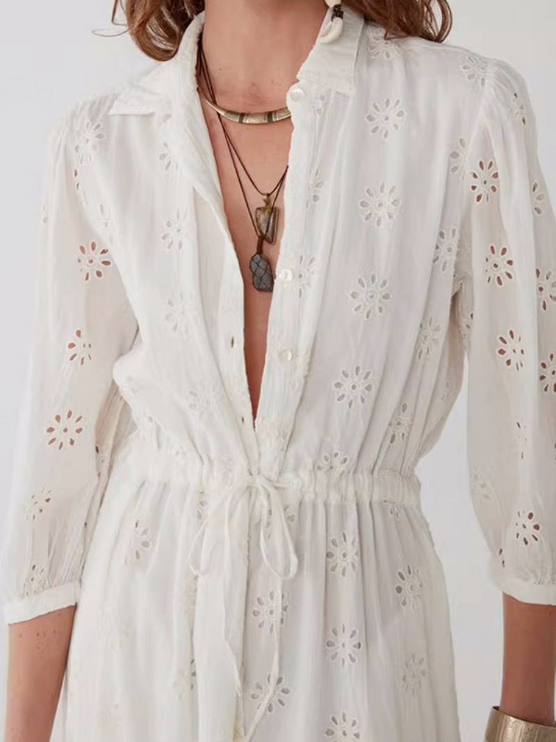 Robe Boho Blanche Élégante Pour Femmes Robes D'été Creuses Avec Ceinture Bas Haut - Beige