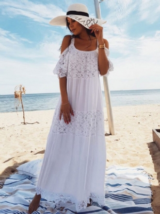 Robe Boho Blanche Femme Maxi Dentelle Demi Manches Épaule Froide Plage