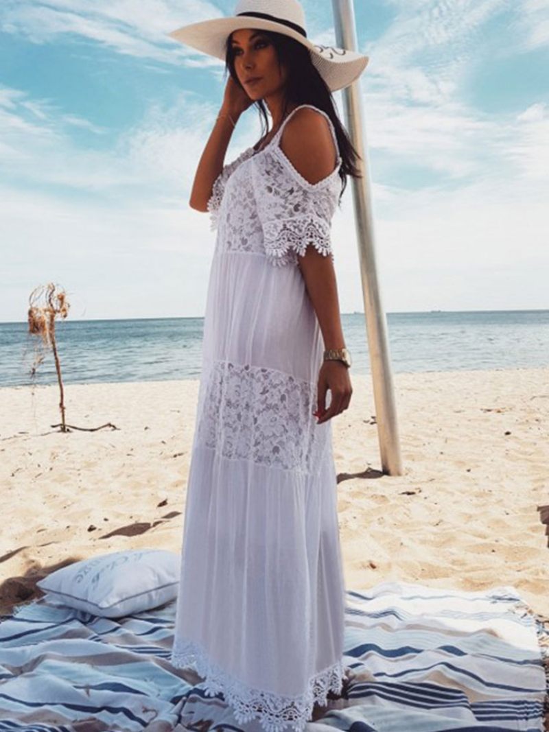 Robe Boho Blanche Femme Maxi Dentelle Demi Manches Épaule Froide Plage - Blanc