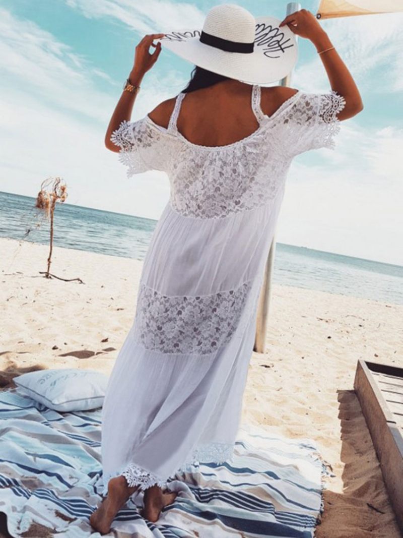 Robe Boho Blanche Femme Maxi Dentelle Demi Manches Épaule Froide Plage - Blanc