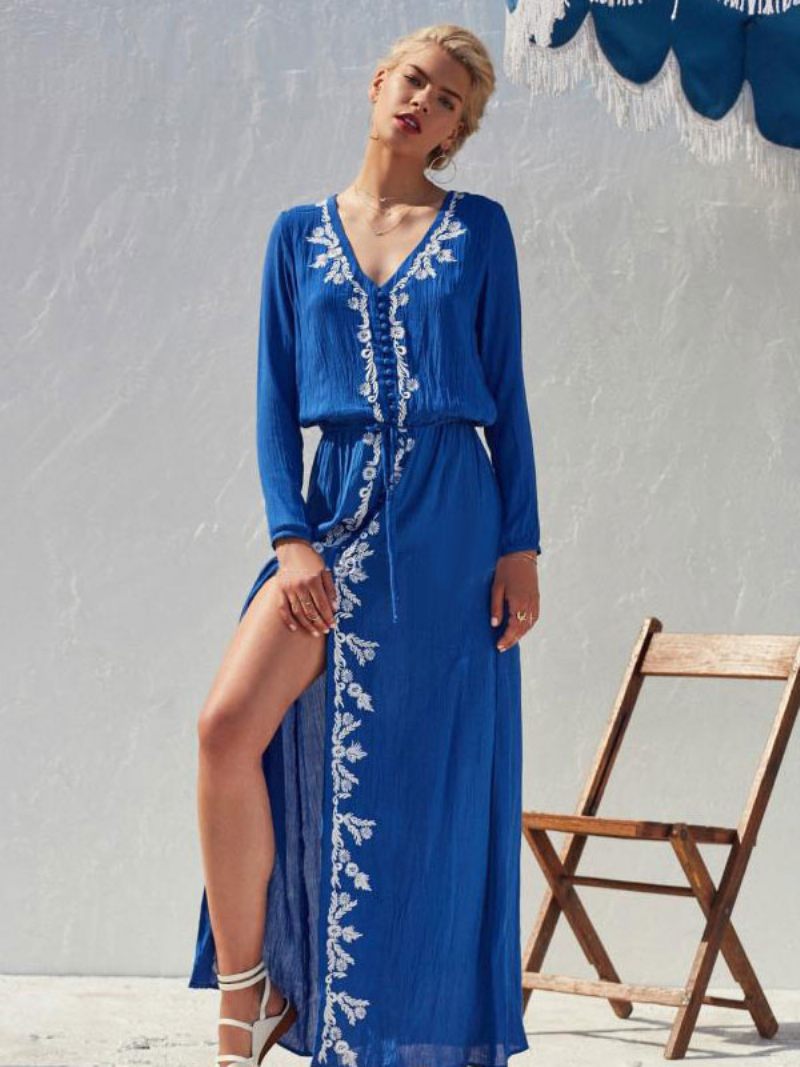 Robe Boho Bleu Ciel Clair Col V Manches Longues Fente Haute Brodée Bohème Gitane Plage Vacances Printemps Été Longue Pour Les Femmes