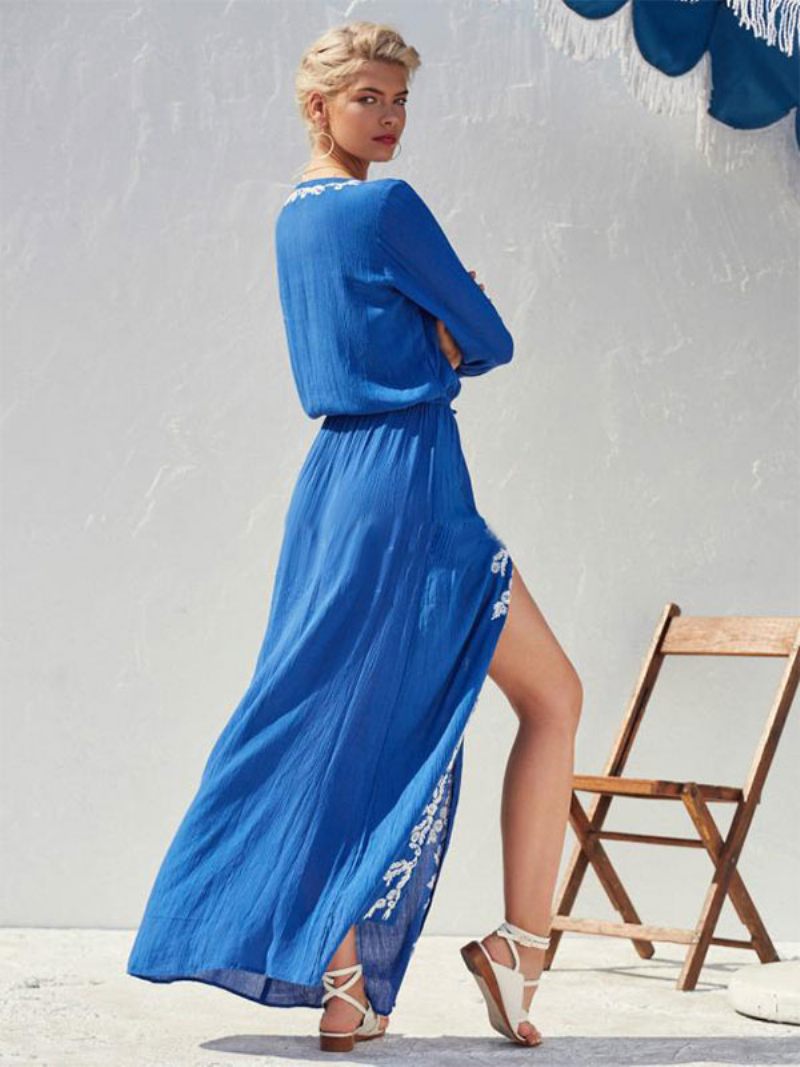 Robe Boho Bleu Ciel Clair Col V Manches Longues Fente Haute Brodée Bohème Gitane Plage Vacances Printemps Été Longue Pour Les Femmes - Bleu Ciel Clair