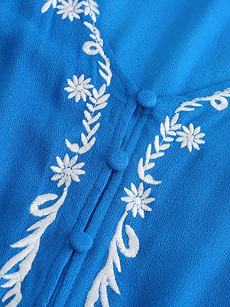 Robe Boho Bleu Ciel Clair Col V Manches Longues Fente Haute Brodée Bohème Gitane Plage Vacances Printemps Été Longue Pour Les Femmes - Bleu Ciel Clair