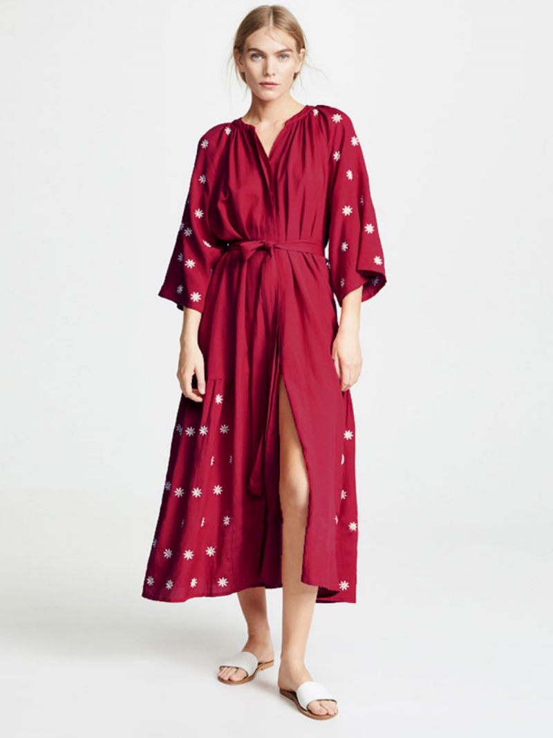 Robe Boho Bordeaux Col V Manches 3/4 Longueur Brodée Bohème Gypsy Ceinturée Plage Vacances Printemps Été Midi Pour Femme