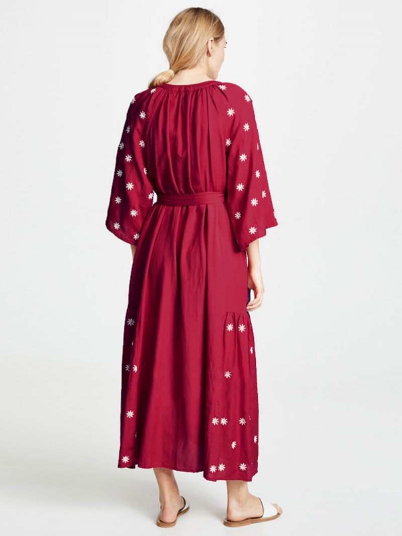 Robe Boho Bordeaux Col V Manches 3/4 Longueur Brodée Bohème Gypsy Ceinturée Plage Vacances Printemps Été Midi Pour Femme - Bourgogne