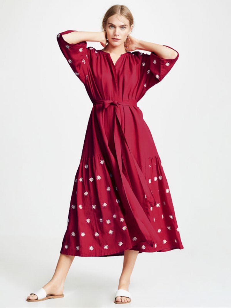 Robe Boho Bordeaux Col V Manches 3/4 Longueur Brodée Bohème Gypsy Ceinturée Plage Vacances Printemps Été Midi Pour Femme - Bourgogne