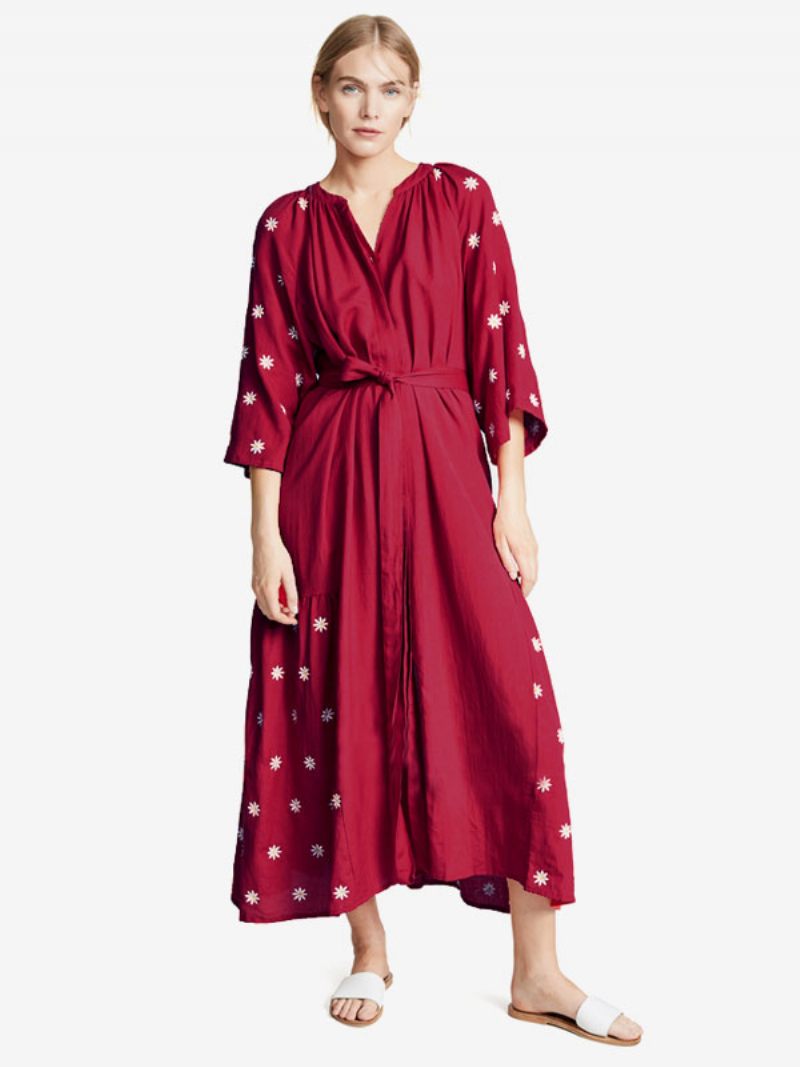 Robe Boho Bordeaux Col V Manches 3/4 Longueur Brodée Bohème Gypsy Ceinturée Plage Vacances Printemps Été Midi Pour Femme - Bourgogne