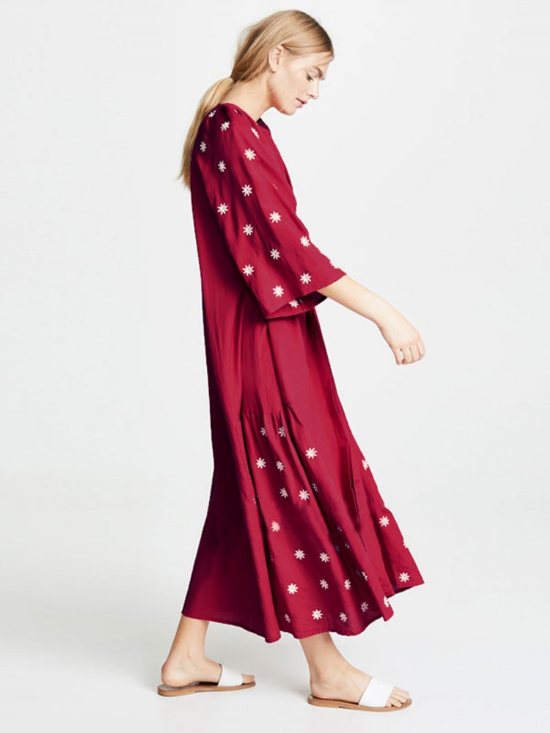 Robe Boho Bordeaux Col V Manches 3/4 Longueur Brodée Bohème Gypsy Ceinturée Plage Vacances Printemps Été Midi Pour Femme - Bourgogne