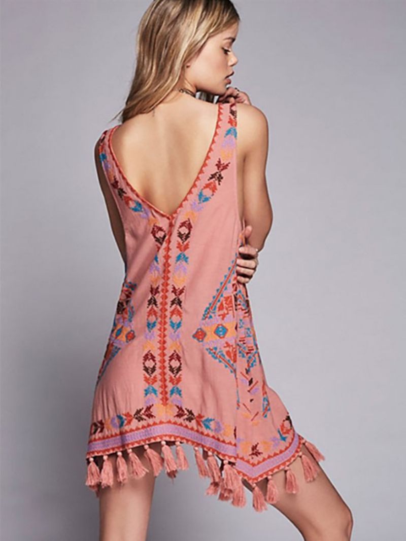 Robe Boho Brodée Rose Col V Sans Manches Style Bohème Gitane Vacances À La Plage Débardeur Court D'été Pour Femmes - Rose