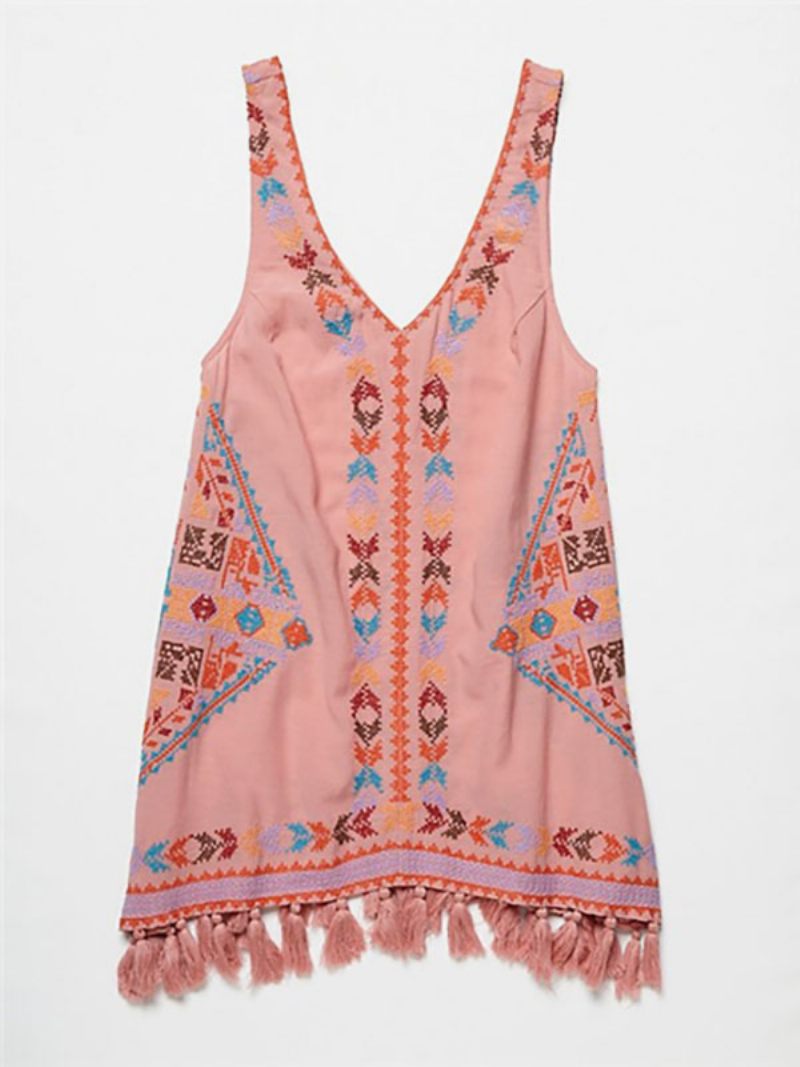 Robe Boho Brodée Rose Col V Sans Manches Style Bohème Gitane Vacances À La Plage Débardeur Court D'été Pour Femmes - Rose