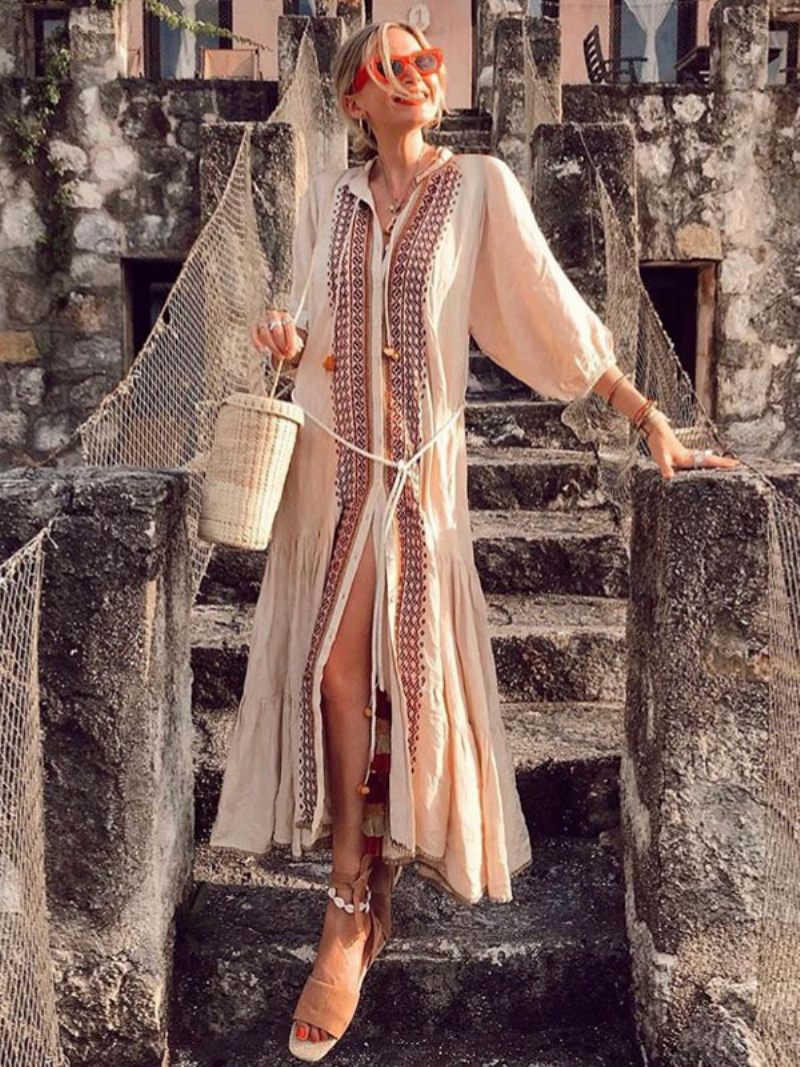 Robe Boho Col V Manches 3/4 Abricot Clair Brodé Bohème Gypsy Plage Vacances Printemps Été Midi Pour Femme - Jaune Clair Clair