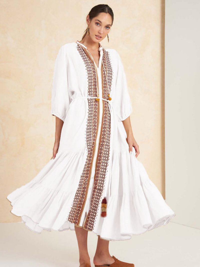 Robe Boho Col V Manches 3/4 Abricot Clair Brodé Bohème Gypsy Plage Vacances Printemps Été Midi Pour Femme - Blanc