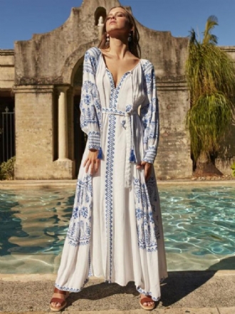 Robe Boho Col V Manches Longues Bohème Gitane Plage Vacances Blanc Printemps Été Ceinture Maxi Pour Les Femmes