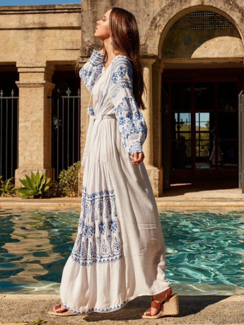 Robe Boho Col V Manches Longues Bohème Gitane Plage Vacances Blanc Printemps Été Ceinture Maxi Pour Les Femmes - Blanc