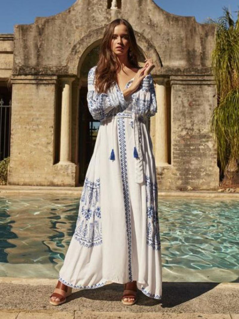 Robe Boho Col V Manches Longues Bohème Gitane Plage Vacances Blanc Printemps Été Ceinture Maxi Pour Les Femmes - Blanc