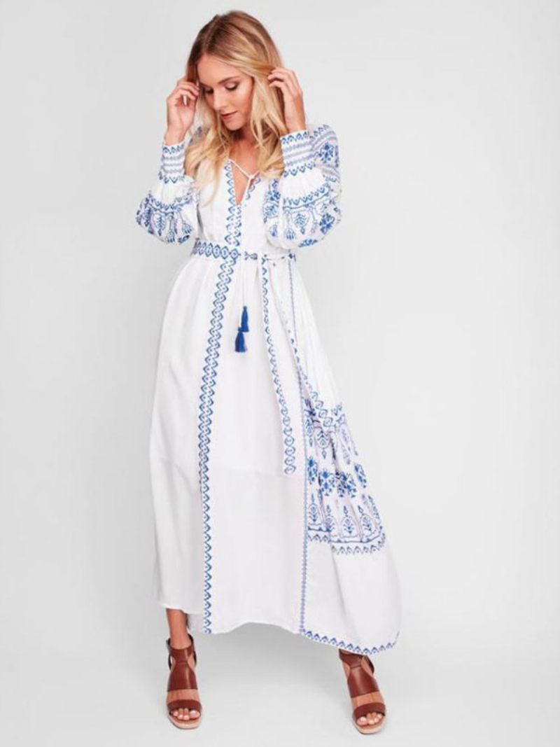 Robe Boho Col V Manches Longues Bohème Gitane Plage Vacances Blanc Printemps Été Ceinture Maxi Pour Les Femmes - Blanc