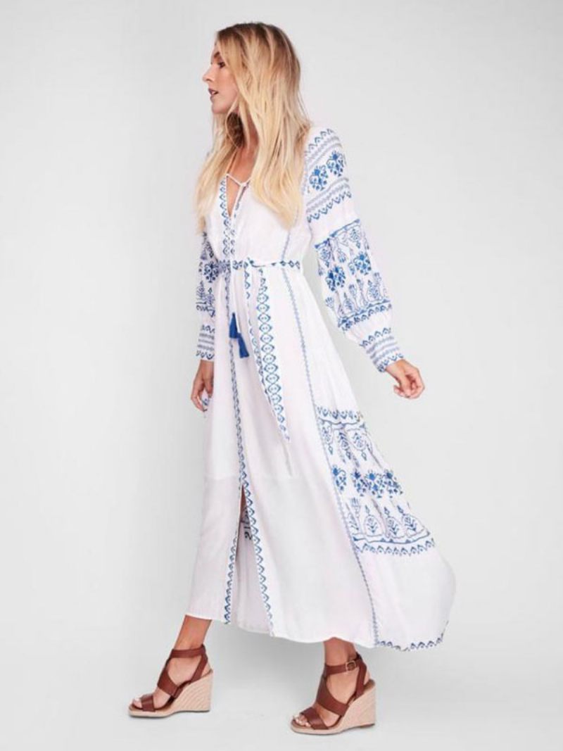 Robe Boho Col V Manches Longues Bohème Gitane Plage Vacances Blanc Printemps Été Ceinture Maxi Pour Les Femmes - Blanc