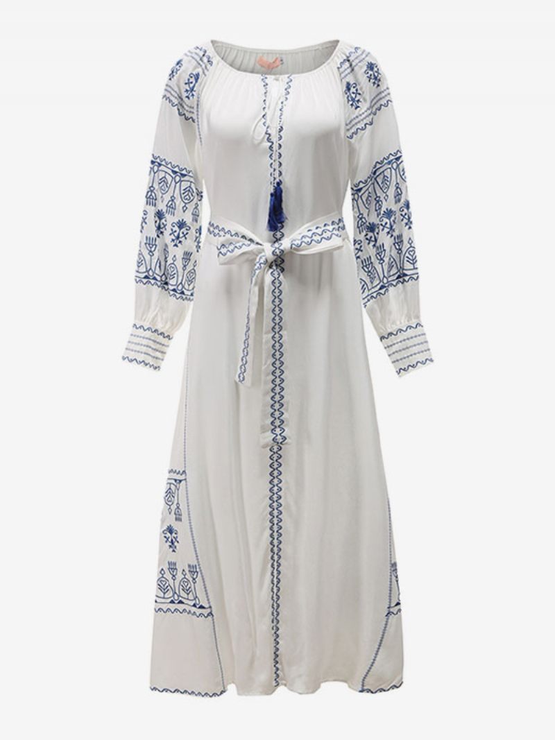 Robe Boho Col V Manches Longues Bohème Gitane Plage Vacances Blanc Printemps Été Ceinture Maxi Pour Les Femmes - Blanc