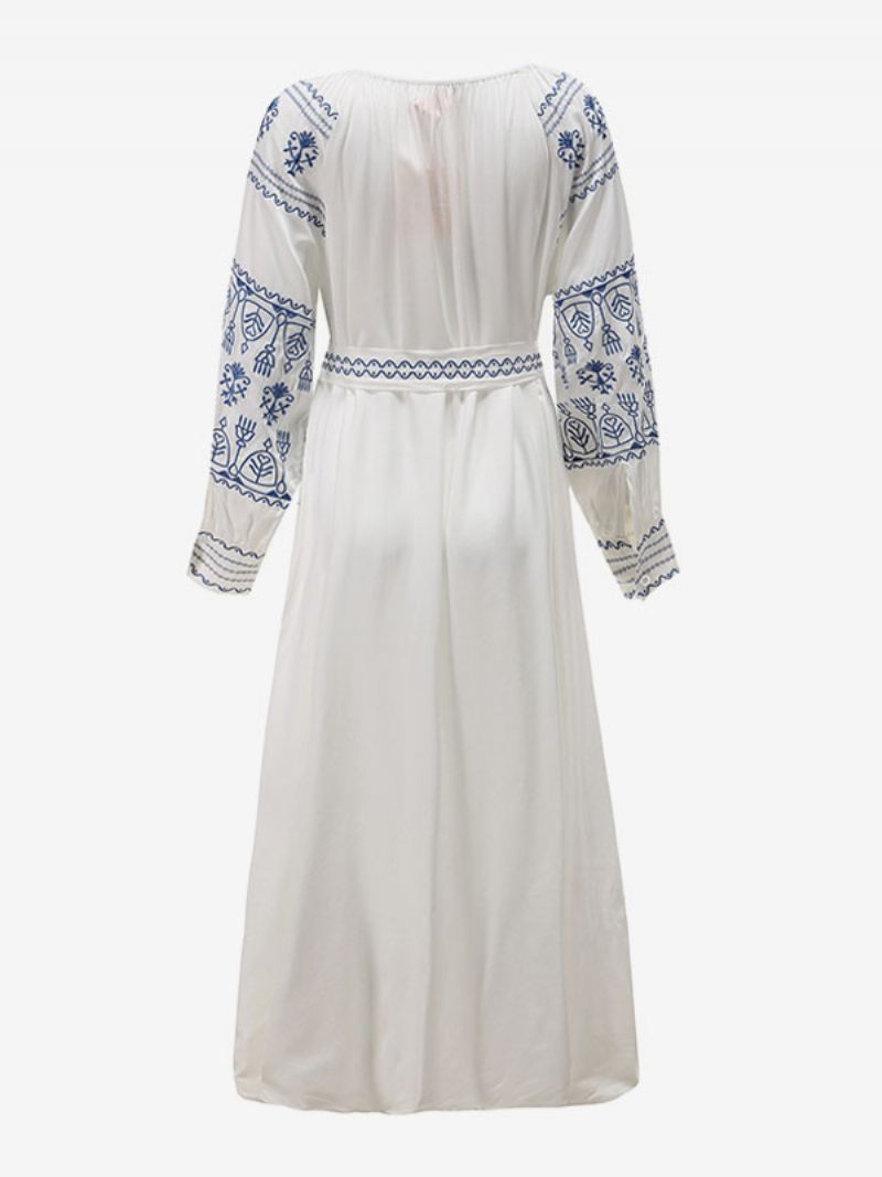 Robe Boho Col V Manches Longues Bohème Gitane Plage Vacances Blanc Printemps Été Ceinture Maxi Pour Les Femmes - Blanc