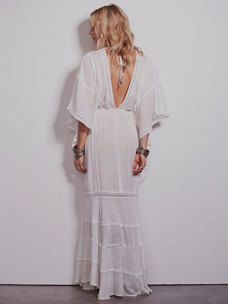 Robe Boho Col V Profond Blanc Manches 3/4 Longueur Bohème Gitane Plage Vacances Printemps Été Maxi Pour Les Femmes - Blanc