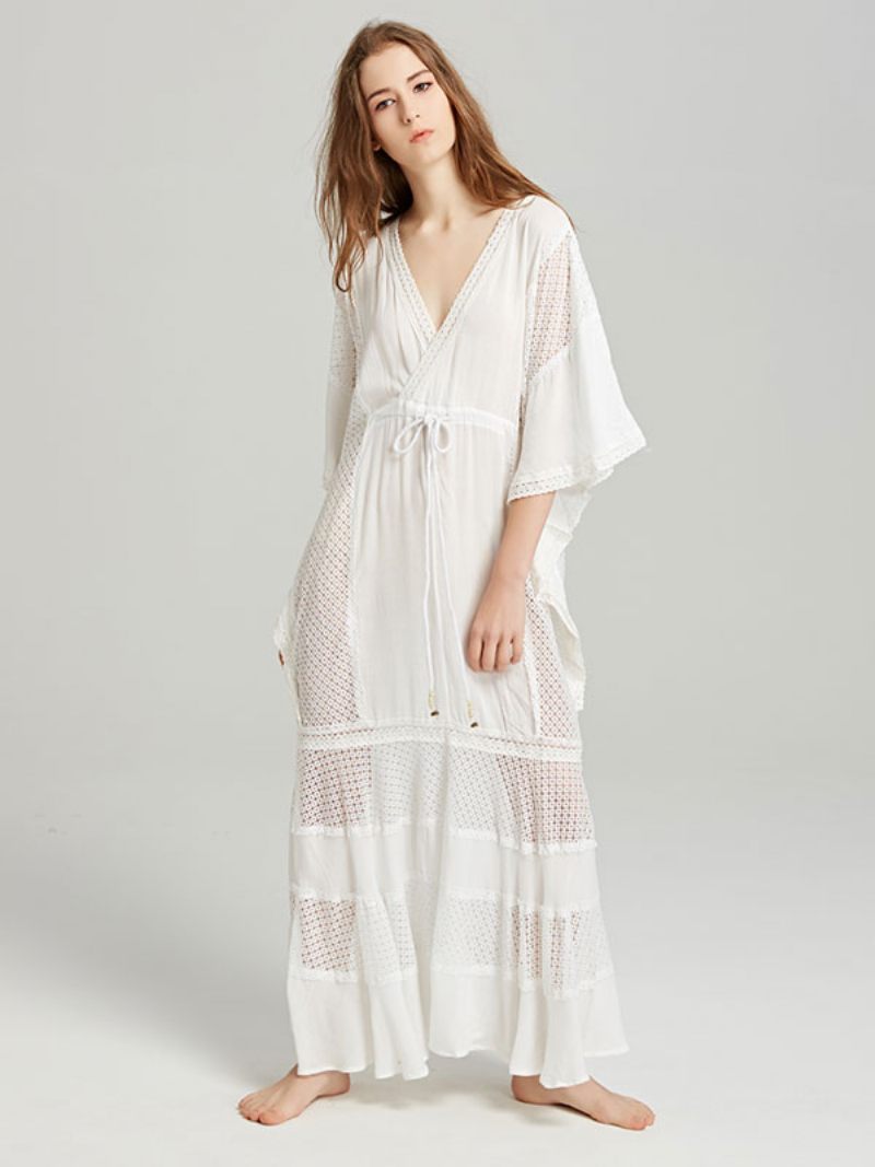 Robe Boho Col V Profond Blanc Manches 3/4 Longueur Bohème Gitane Plage Vacances Printemps Été Maxi Pour Les Femmes - Blanc